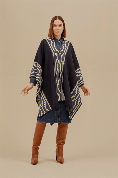 Women's Navy Blue Patterned Poncho - photo 1