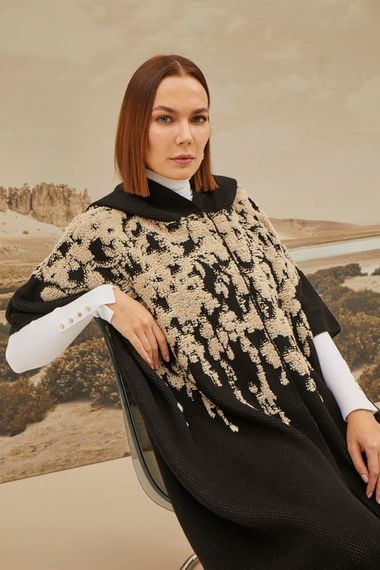 Women's Black Stone Flower Patterned Poncho - photo 5