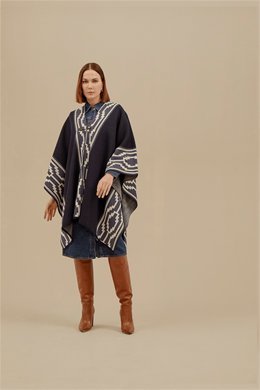 Women's Navy Blue Patterned Poncho - photo 2