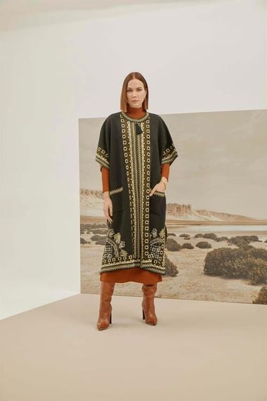 Women's Black Ethnic Pattern Poncho - photo 1