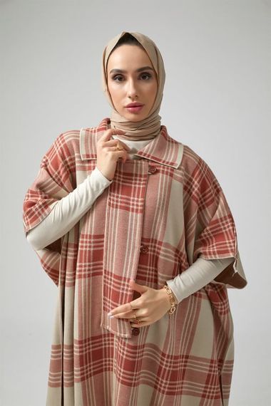 Women's Stone Red Plaid Patterned Poncho - photo 5