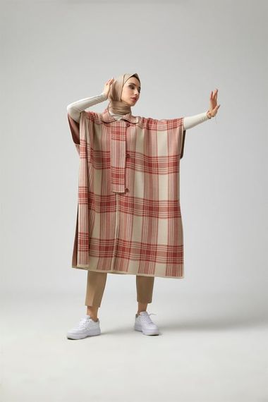 Women's Stone Red Plaid Patterned Poncho - photo 2