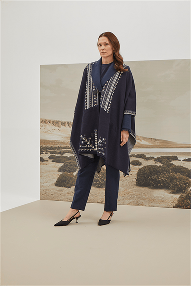 Women's Navy Blue Ethnic Patterned Poncho - photo 1