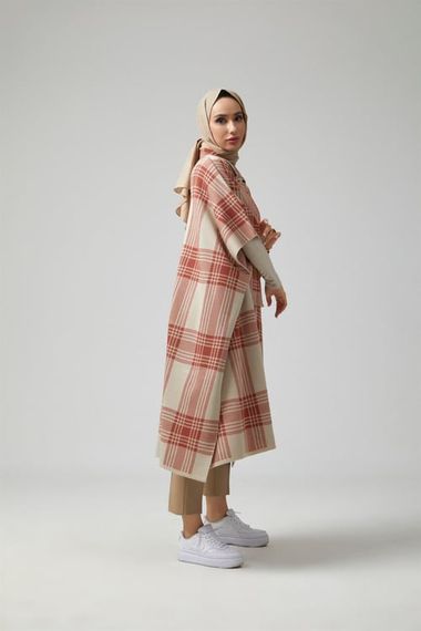 Women's Stone Red Plaid Patterned Poncho - photo 3