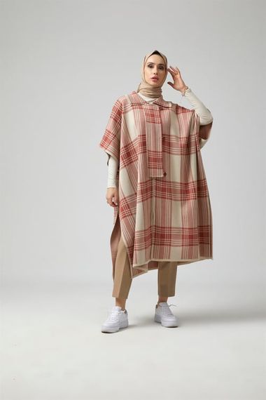 Women's Stone Red Plaid Patterned Poncho - photo 1