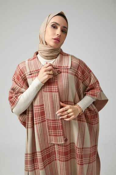 Women's Stone Red Plaid Patterned Poncho - photo 4