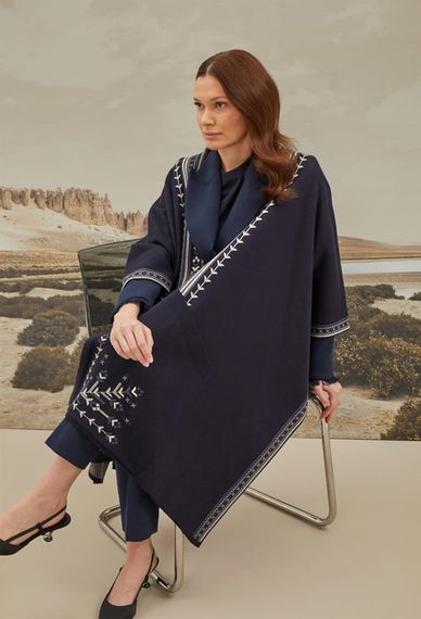 Women's Navy Blue Ethnic Patterned Poncho - photo 4