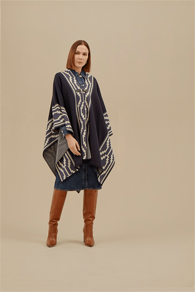 Women's Navy Blue Patterned Poncho - photo 3