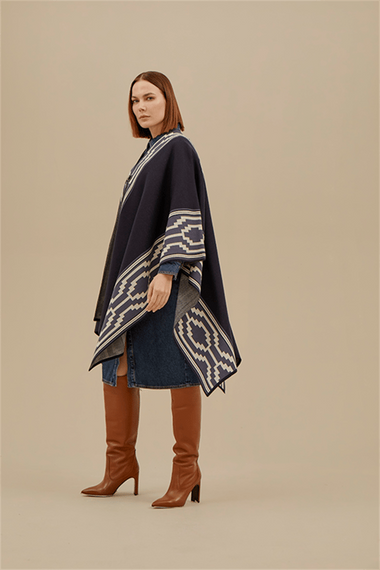 Women's Navy Blue Patterned Poncho - photo 4