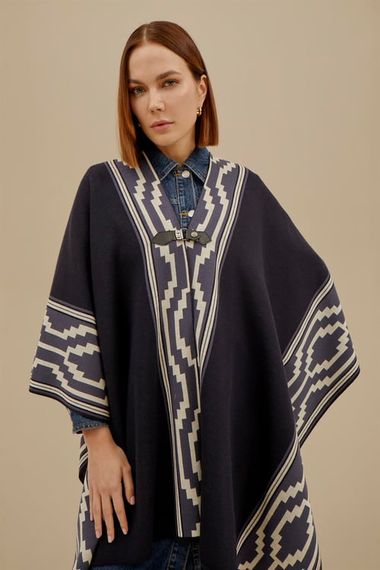 Women's Navy Blue Patterned Poncho - photo 5