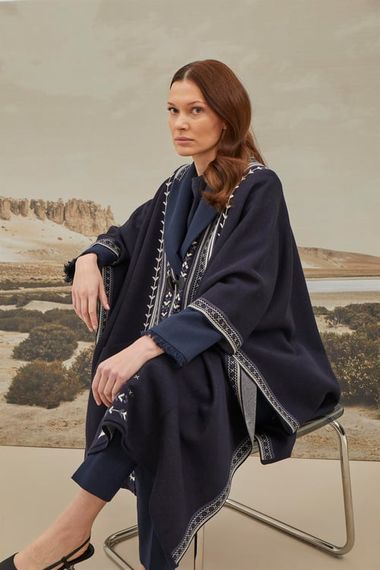 Women's Navy Blue Ethnic Patterned Poncho - photo 5