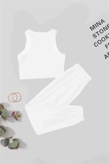 Markano Single Color Set Sleeveless Fleece Top and Bottom Pajama Set White - photo 2