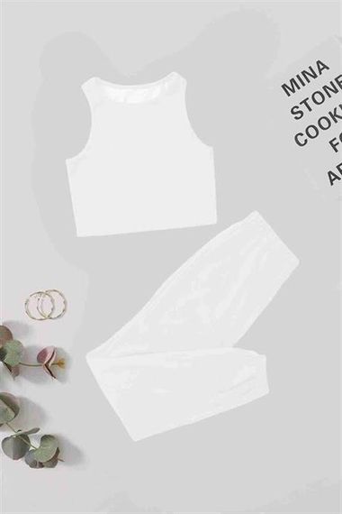 Markano Single Color Set Sleeveless Fleece Top and Bottom Pajama Set White - photo 1