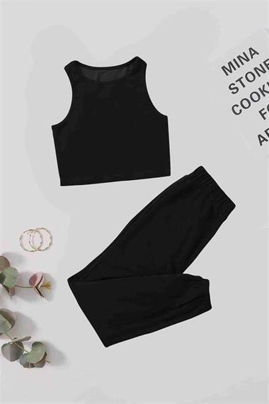 Markano Single Color Set Sleeveless Fleece Top and Bottom Pajama Set Black - photo 1