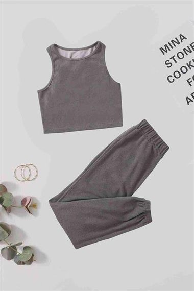 Markano Single Color 1 Set Sleeveless Fleece Top and Bottom Pajama Set Gray - photo 1