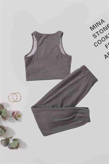 Markano Single Color 1 Set Sleeveless Fleece Top and Bottom Pajama Set Gray - photo 2
