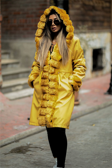 Markano Mustard Waterproof Fur Lined Hooded Fur Collar Coat - photo 2