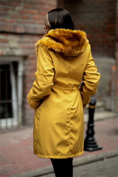 Markano Mustard Waterproof Fur Lined Hooded Fur Collar Coat - photo 4