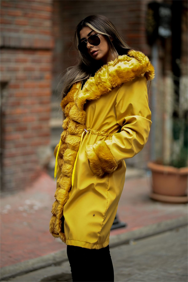 Markano Mustard Waterproof Fur Lined Hooded Fur Collar Coat - photo 3