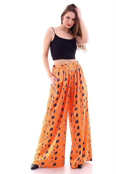 Markano Orange Patterned Wide Leg Satin Trousers - photo 3