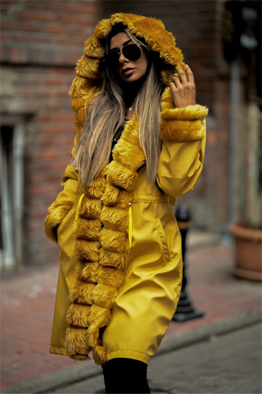 Markano Mustard Waterproof Fur Lined Hooded Fur Collar Coat - photo 5