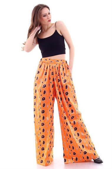 Markano Orange Patterned Wide Leg Satin Trousers - photo 2