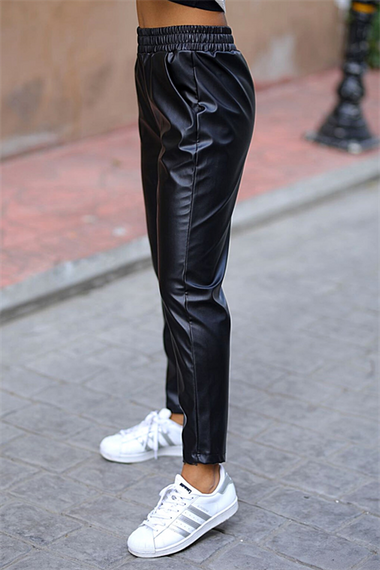 Markano Black Faux Leather Elastic Waist Pocket Jogger Trousers - photo 1