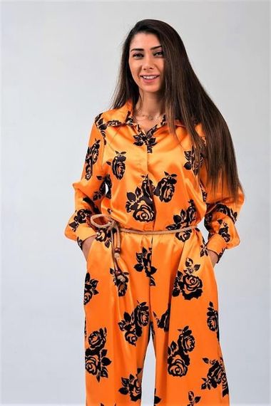 Markano Orange Black Floral Shirt Buttoned Collar Belted Satin Jumpsuit - photo 4