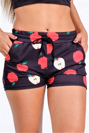 Markano Black Apple Patterned Cotton Shorts with Elastic Waist, Lace-up and Pockets - photo 2