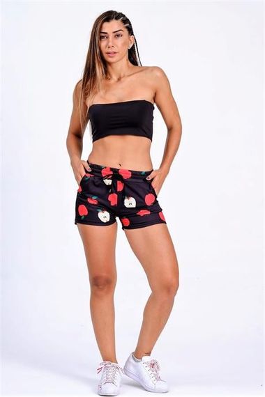 Markano Black Apple Patterned Cotton Shorts with Elastic Waist, Lace-up and Pockets - photo 1