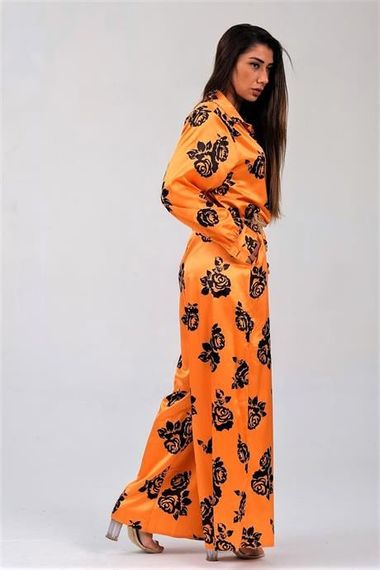 Markano Orange Black Floral Shirt Buttoned Collar Belted Satin Jumpsuit - photo 2