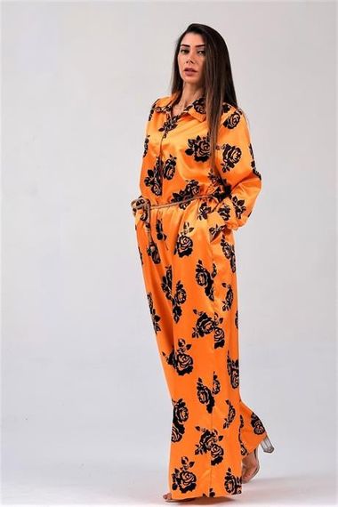 Markano Orange Black Floral Shirt Buttoned Collar Belted Satin Jumpsuit - photo 3