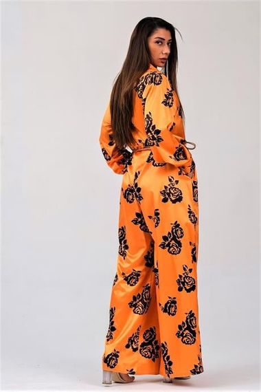 Markano Orange Black Floral Shirt Buttoned Collar Belted Satin Jumpsuit - photo 5