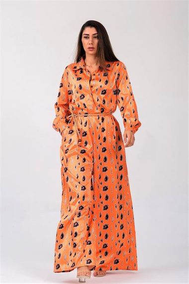 Markano Orange Patterned Shirt Button Collar Belted Wide Leg Satin Jumpsuit - photo 2