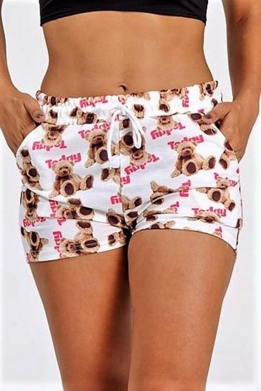 Markano White Bear Printed Cotton Shorts with Elastic Waist, Lace-up and Pocket - photo 2