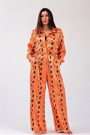 Markano Orange Patterned Shirt Button Collar Belted Wide Leg Satin Jumpsuit - photo 1