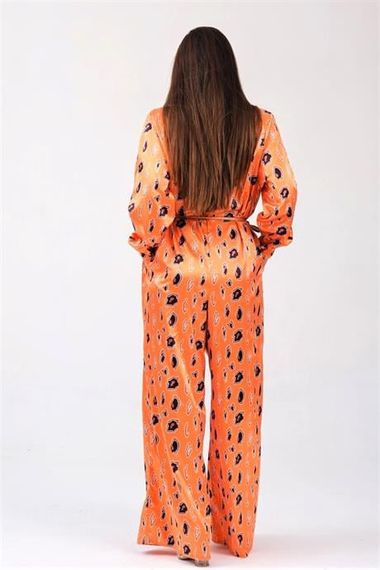 Markano Orange Patterned Shirt Button Collar Belted Wide Leg Satin Jumpsuit - photo 5