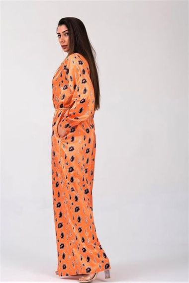 Markano Orange Patterned Shirt Button Collar Belted Wide Leg Satin Jumpsuit - photo 3