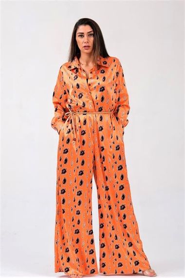 Markano Orange Patterned Shirt Button Collar Belted Wide Leg Satin Jumpsuit - photo 4