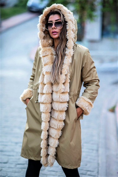 Markano Beige Waterproof Hooded Long Coat with Fur Inside - photo 1