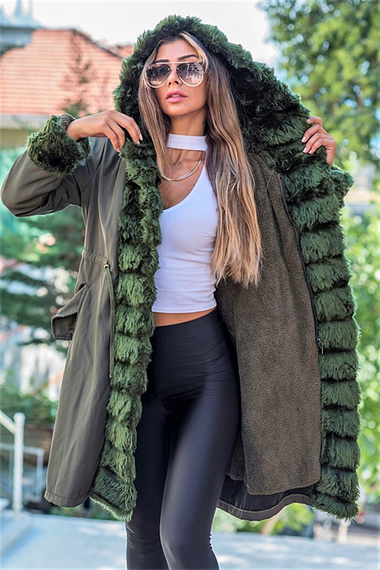 Markano Green Waterproof Hooded Long Coat with Fur Inside - photo 3