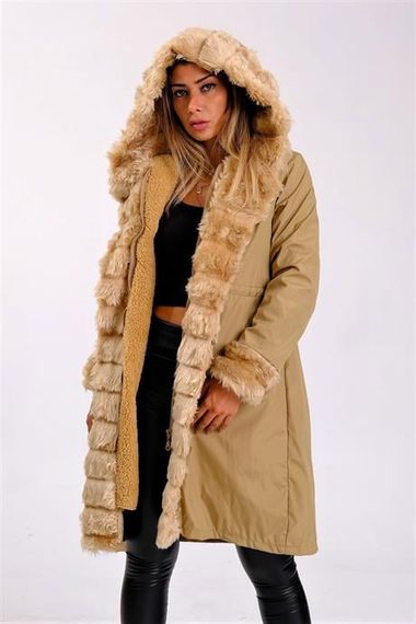 Markano Beige Waterproof Hooded Long Coat with Fur Inside - photo 2