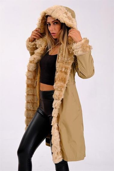 Markano Beige Waterproof Hooded Long Coat with Fur Inside - photo 4