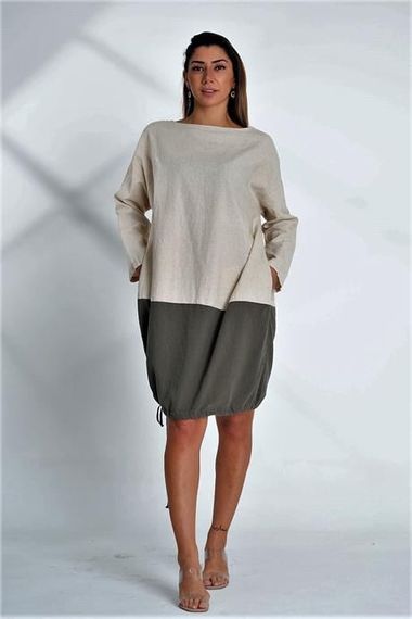 Markano Beige Crew Neck Long Sleeve Skirt Gathered Pocket Blocked Linen Dress - photo 2