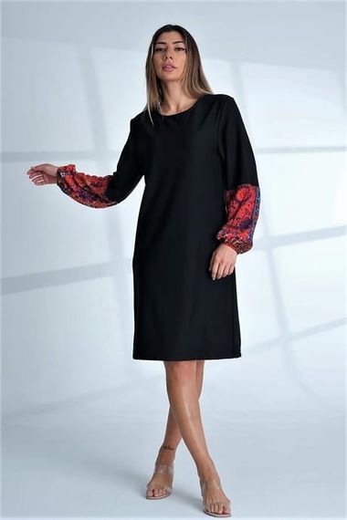 Markano Black Crew Neck Colorful Balloon Sleeve Knee Length Dress - photo 2