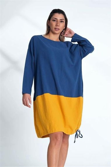 Markano Saks Blue Crew Neck Long Sleeve Skirt Gathered Pocket Blocked Linen Dress - photo 4