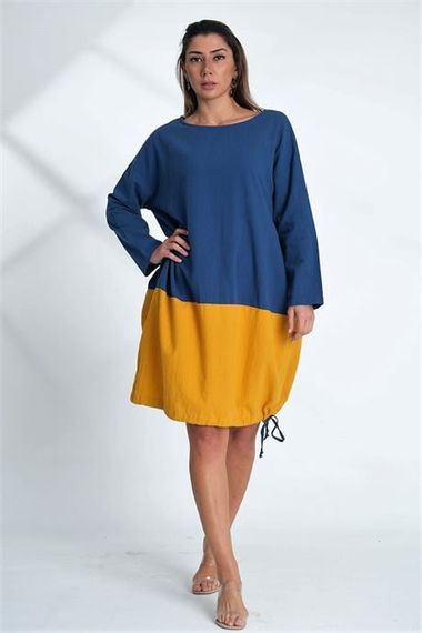 Markano Saks Blue Crew Neck Long Sleeve Skirt Gathered Pocket Blocked Linen Dress - photo 1