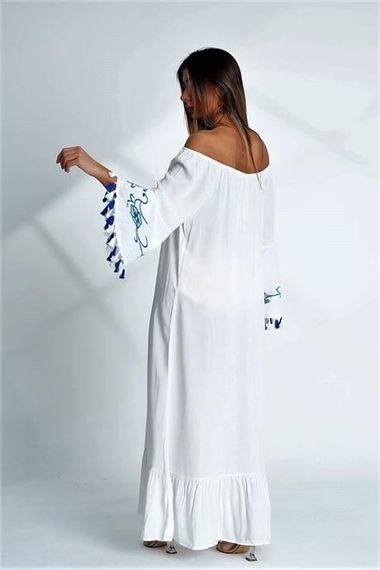 Markano White Carmen Collar Sleeves Embroidered Tasseled Oversize Long Dress - photo 5