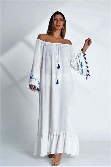 Markano White Carmen Collar Sleeves Embroidered Tasseled Oversize Long Dress - photo 3