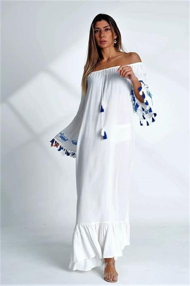 Markano White Carmen Collar Sleeves Embroidered Tasseled Oversize Long Dress - photo 2